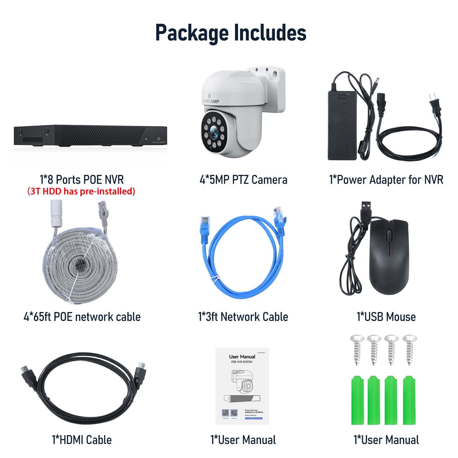 Camcamp 5MP PoE PTZ Security Camera System 360&deg; View Auto Track 8CH NVR 3T HDD