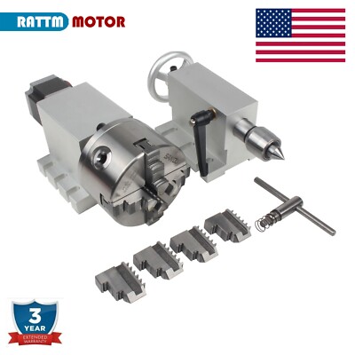 【USA】Rotational Axis CNC 4th-axis 4 jaw chuck 100mm dividing head&65mm tailstock