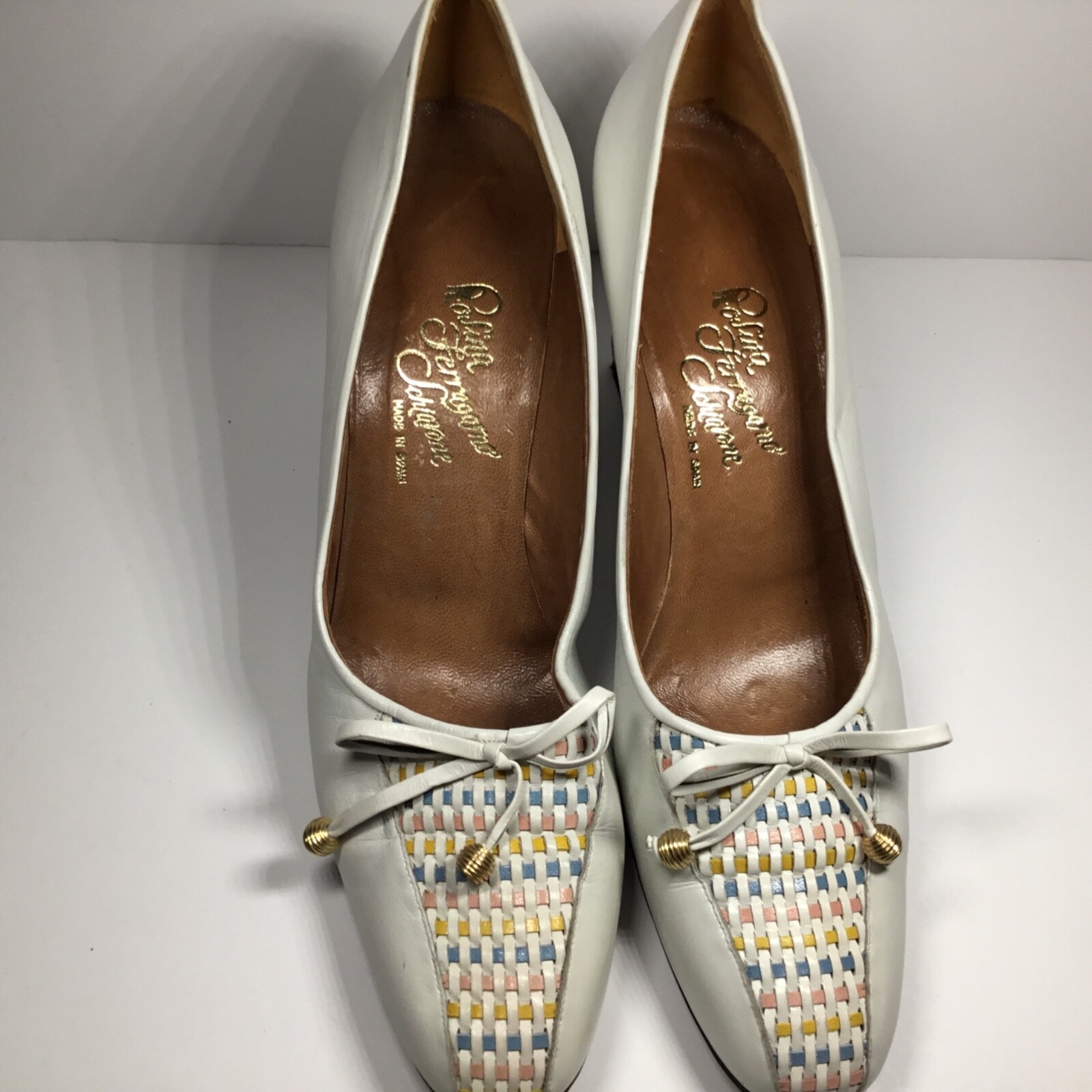 Rosina Ferragamo Schiavone Heels Womens 9N Vintage White Leather Shoes Spain