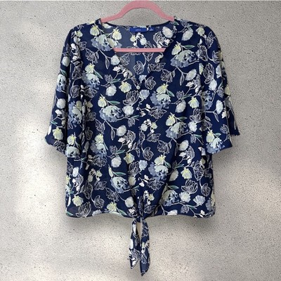 Apt. 9 Top Navy Blue Floral Chiffon Bohemian Gypsy V-Neck Flutter Sleeve Small
