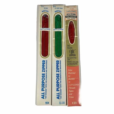 Lot Of 3 VTG NIP J & P Coats 7, 9, & 16  Metal & Polyester Zippers Red & Green
