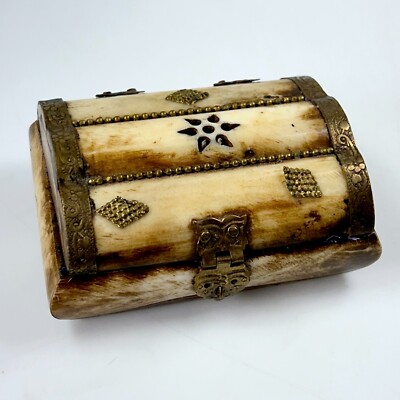 Small Vintage Camel Bone & Brass Trinket Box w/ Velvet Lining 4'' x 3 