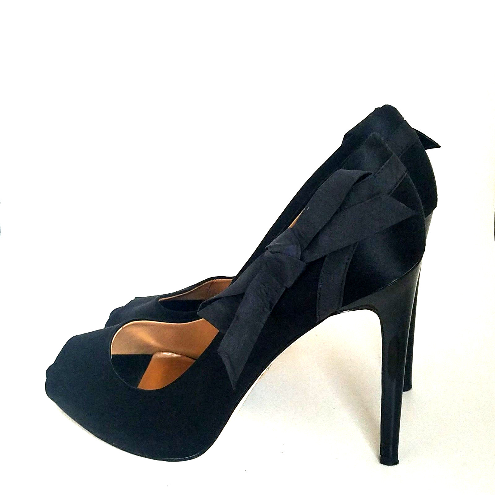 Badgley Mischka Wedding Peep Toe High Heels Black Satin 10M Leather Sole