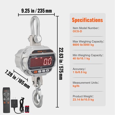 VEVOR Digital Crane Scale Industrial Hanging Scale 6600 lbs/3000 kg Heavy Duty