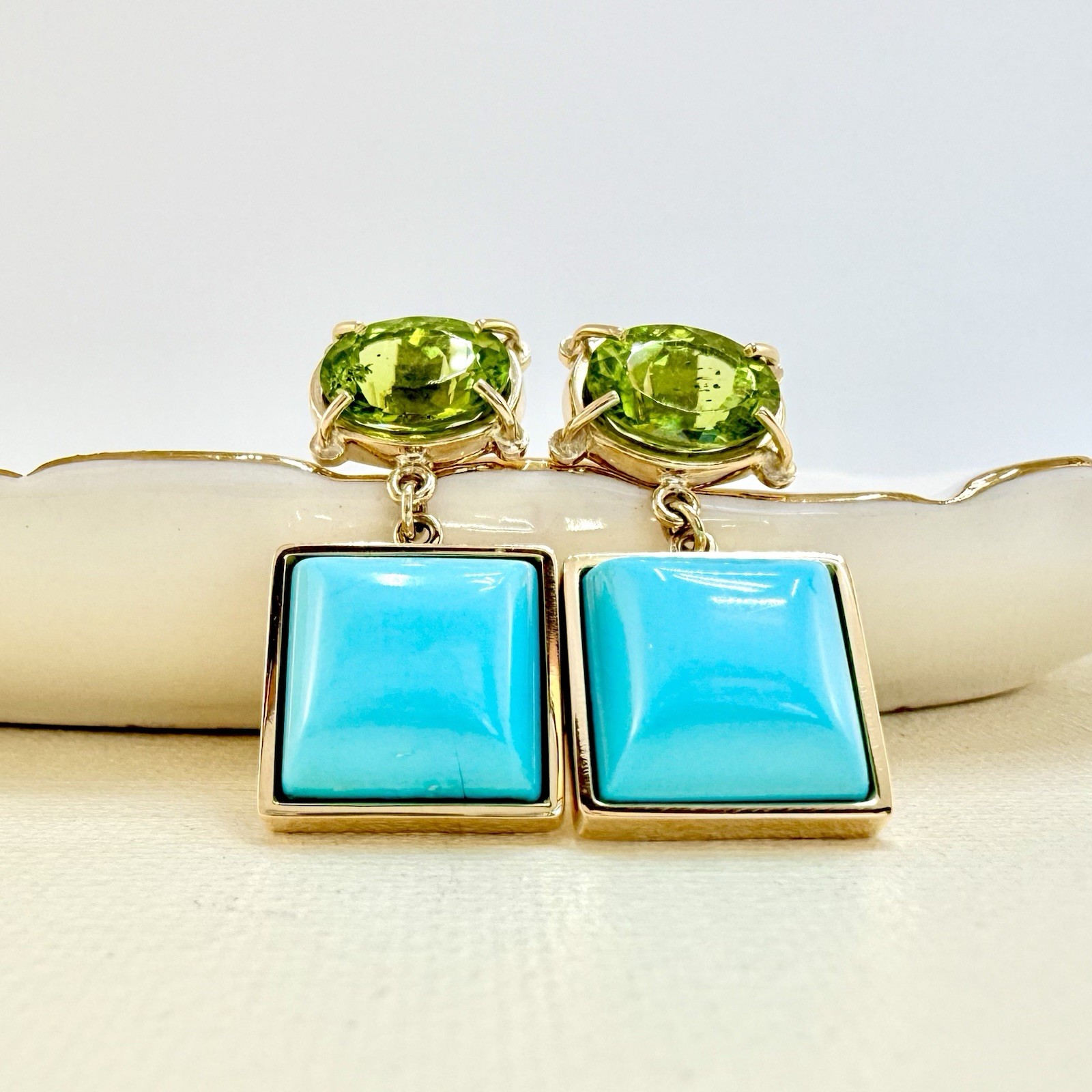 14k Yellow Gold Genuine Peridot & American Turquoise Statement Earrings, New - Picture 7 of 12