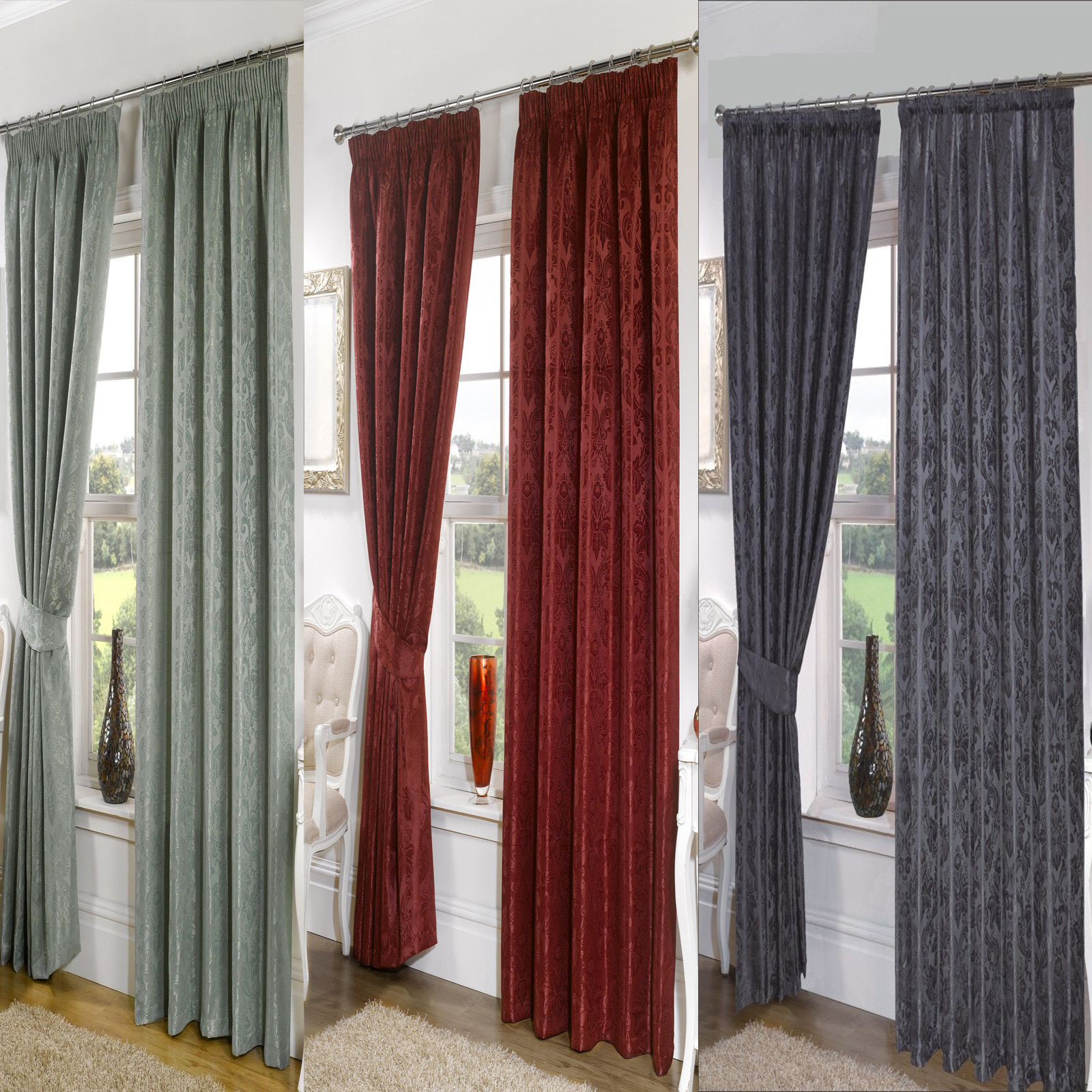 Seattle Damask 3 Headed Tape Pencil Pleat Curtains Pair Ready
