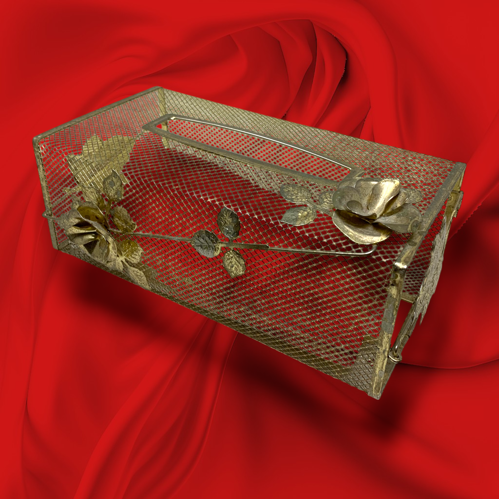 Vtg Hollywood Regency Gold Metal Mesh Tissue Box Cover Holder Floral Roses MCM  - Picture 1 of 5