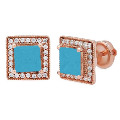 Pre-owned Pucci 2.3ct Princess Round Halo Blue Simulated Turquoise Stud Earrings 14k Rose Gold In Pink