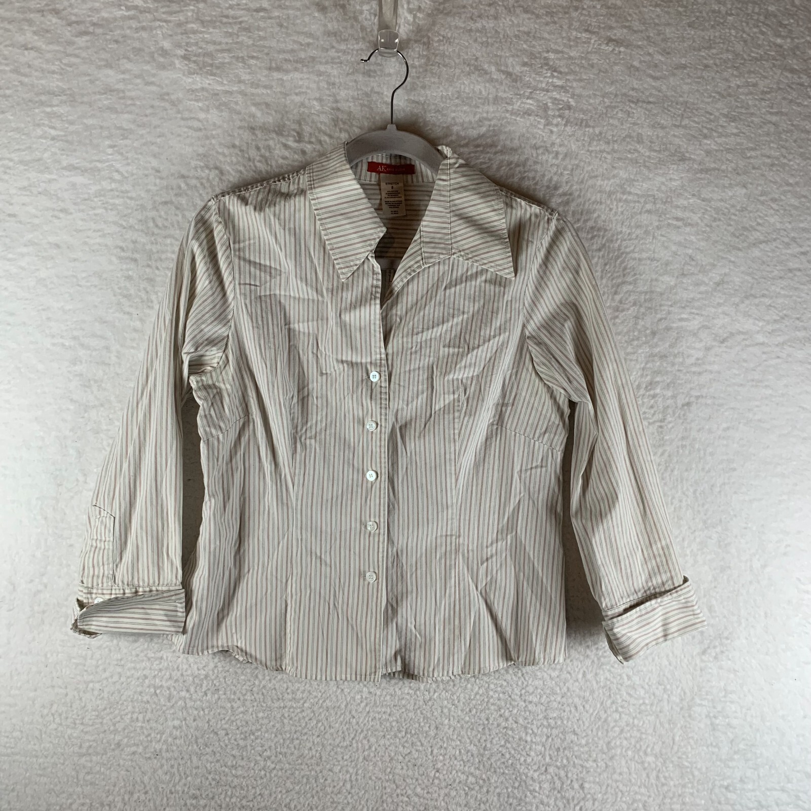 Anne Klein Shirt Women's 8 White Striped Stretch Long Sleeve