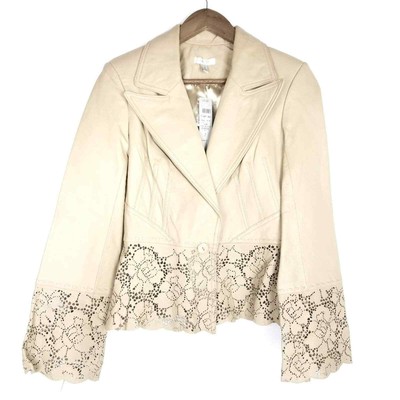 Cache Sand Genuine Leather Laser Cut  Floral Trim Blazer Jacket Size 0 NEW NWT