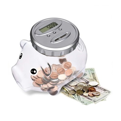 TWODAYS Transparent Pig Piggy Bank Digital Count Coin Box for Storing Bills and