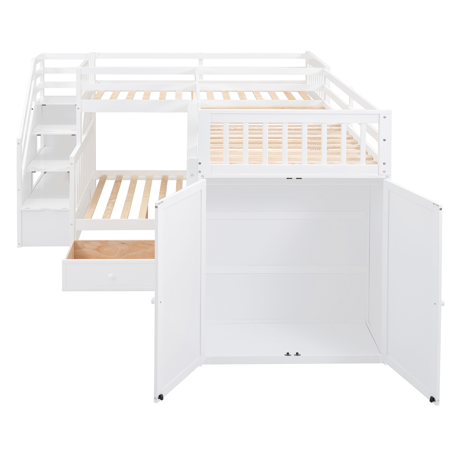 Twin-Twin over Full Size L-Shaped Bunk Bed Frame W/3 Drawers Desk/Wardrobe White