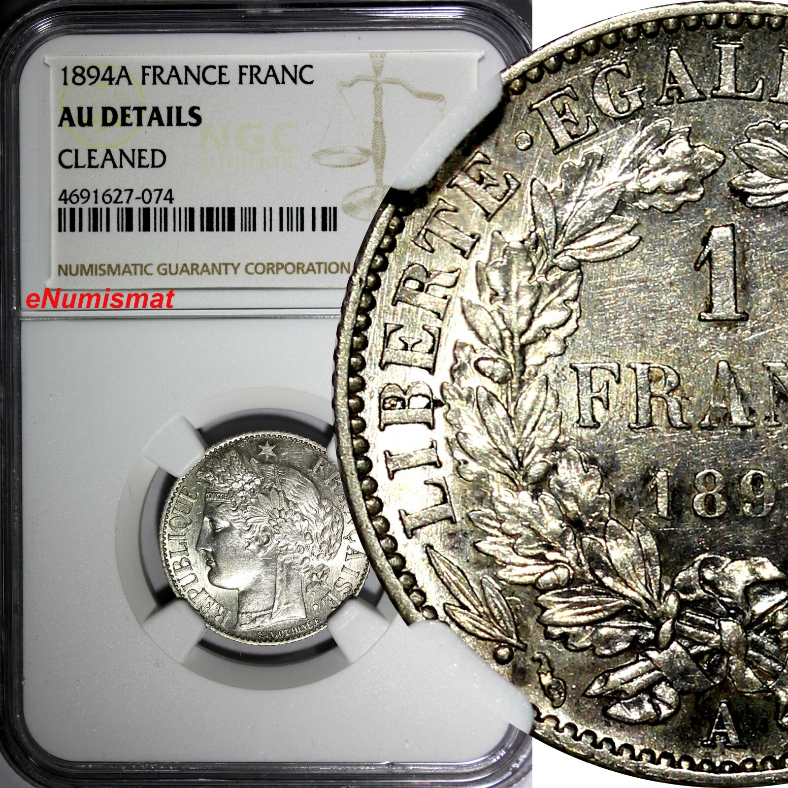 France Silver 1894 A 1 Franc NGC AU DETAILS KM# 822.1 (074