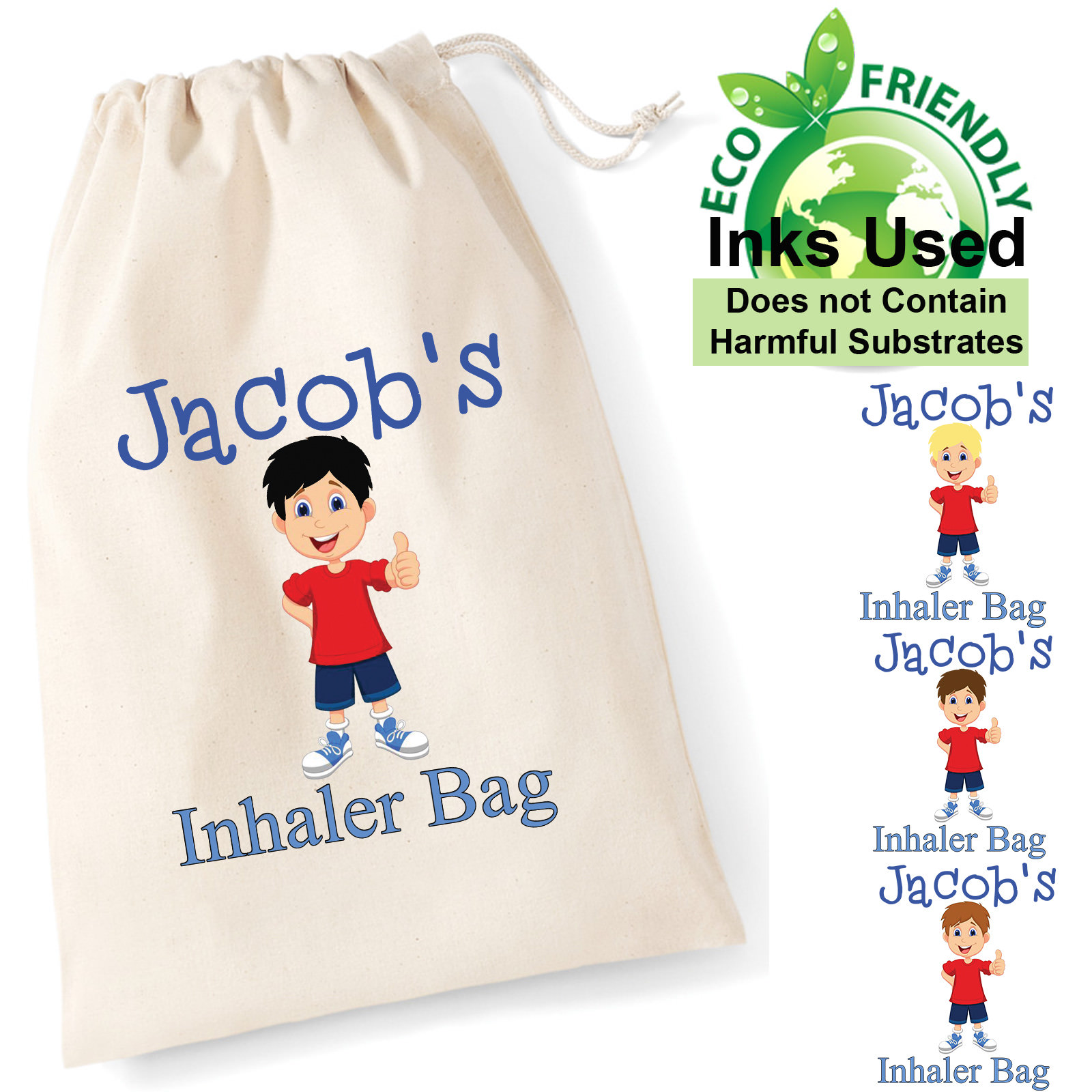 Asthma Inhaler Spacer Bag Drawstring Cotton Personalised Any Text