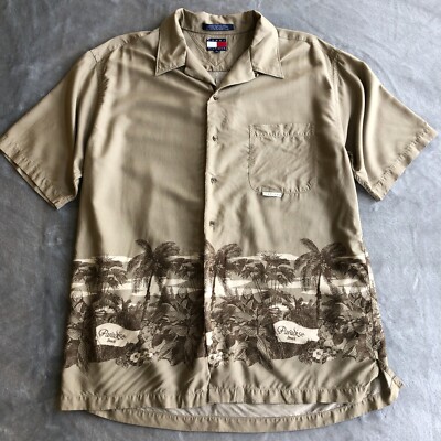Tommy Hilfiger Shirt Mens Large Tan Hawaiian Short Sleeve Button Paradise Beach