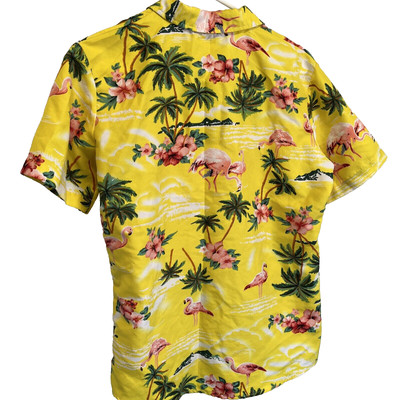 Women s Size Medium Hawaiian Shirt Yellow With Flamingos And Palm Trees