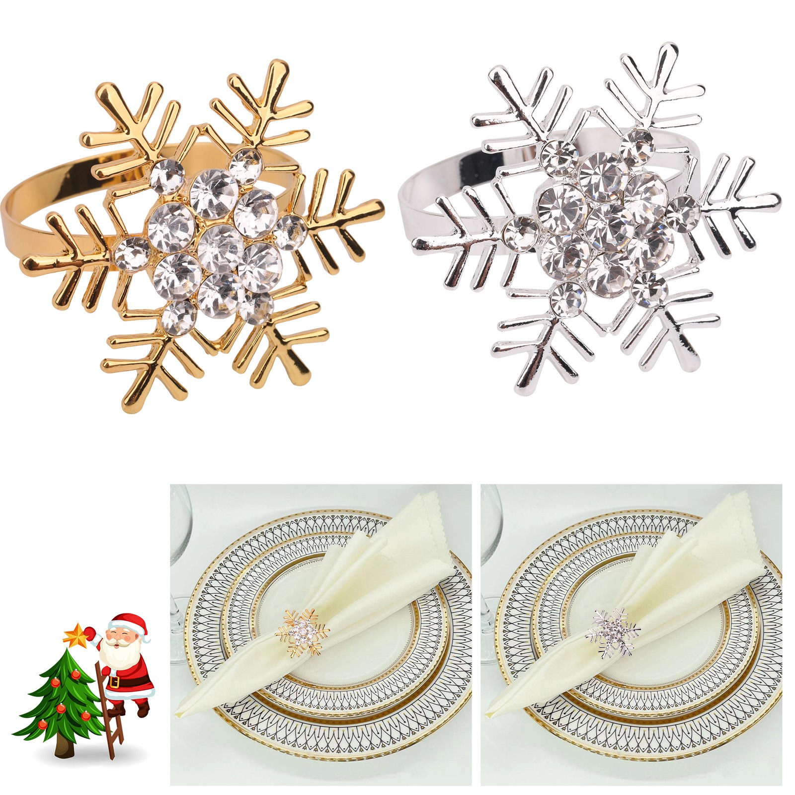 Christmas Napkin Rings Diamante Snowflake Design Gold Silver Festive Table Decor