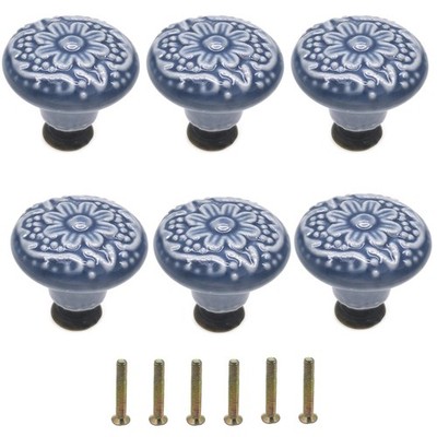 6Pcs Blue Ceramic Drawer Knobs Vintage Floral Cabinet Knobs