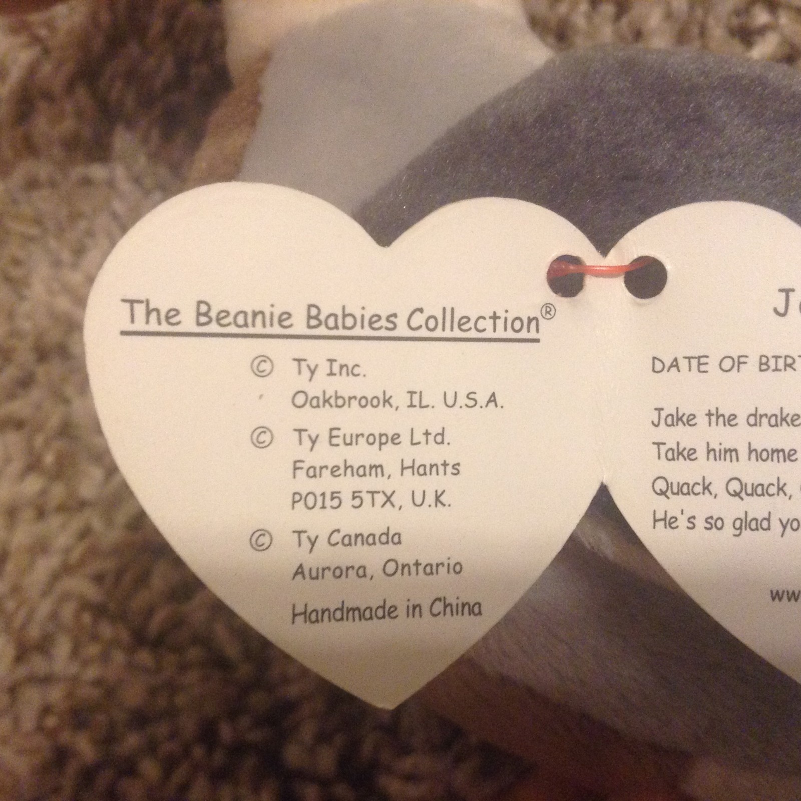 TY BEANIE BABY Jake the Mallard Duck Retired with Tag Errors
