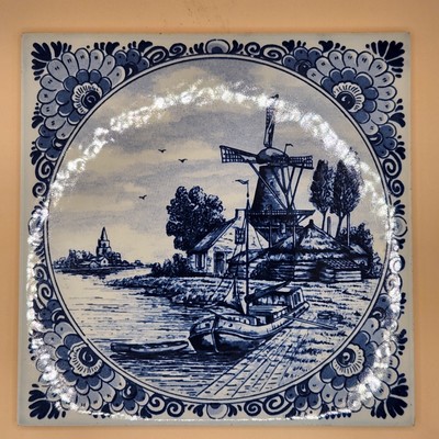 Royal Delft Hand Painted Blue / White Windmill Landscape 6'' Square Tile #4