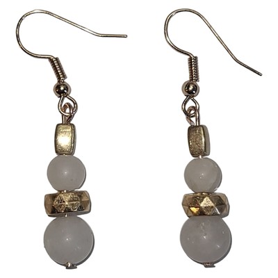 Handmade Matte Gold Tone White Quartz Stone Bead Dangle Earrings 1.75''