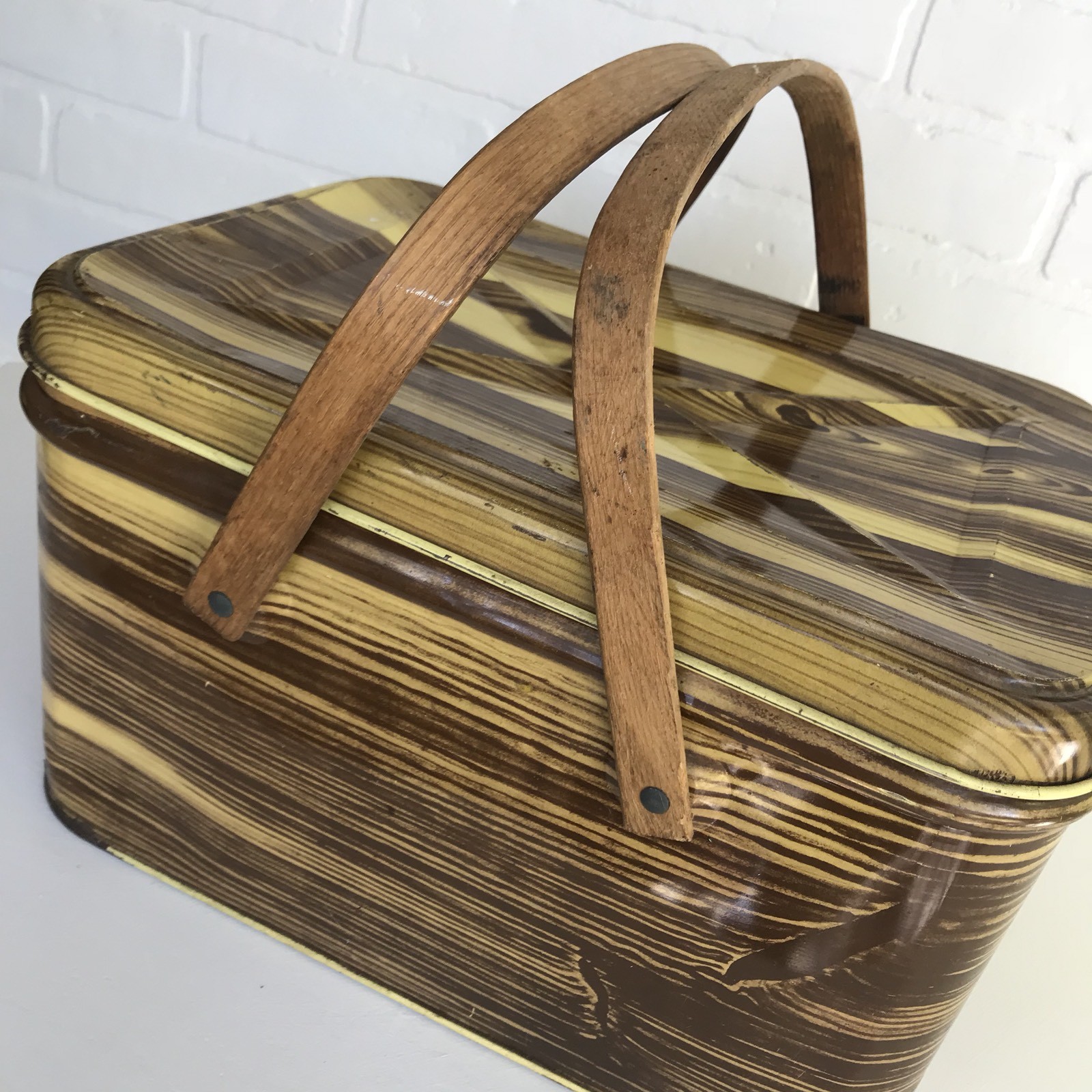 Vintage Metal Picnic Basket Wood Grain Pattern Hinged Lid Wooden Handles