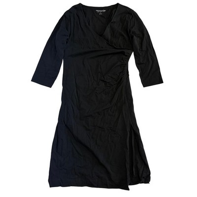 Soft Surroundings Black Faux Wrap Ruched Side Slit 3/4 Sleeve Dress Small