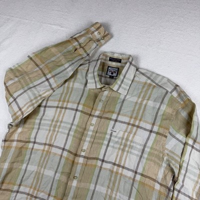 Faconnable Mens XXL Linen Plaid Button Down Shirt Tan Green Albert Goldberg