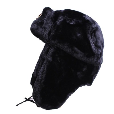 Mens Warm Winter BLACK Faux Fur Trapper Hat with Ear Flaps/Soviet Badge -Ushanka