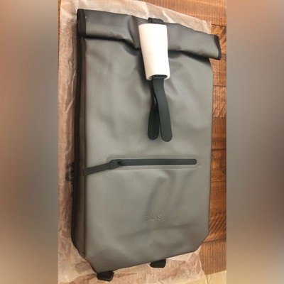 NWT Rains Rolltop Rucksack in Metallic Grey Great for Travel! Side Laptop Pocket