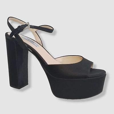1220 Prada Women Black Satin Silk Ankle Strap Platform Heel