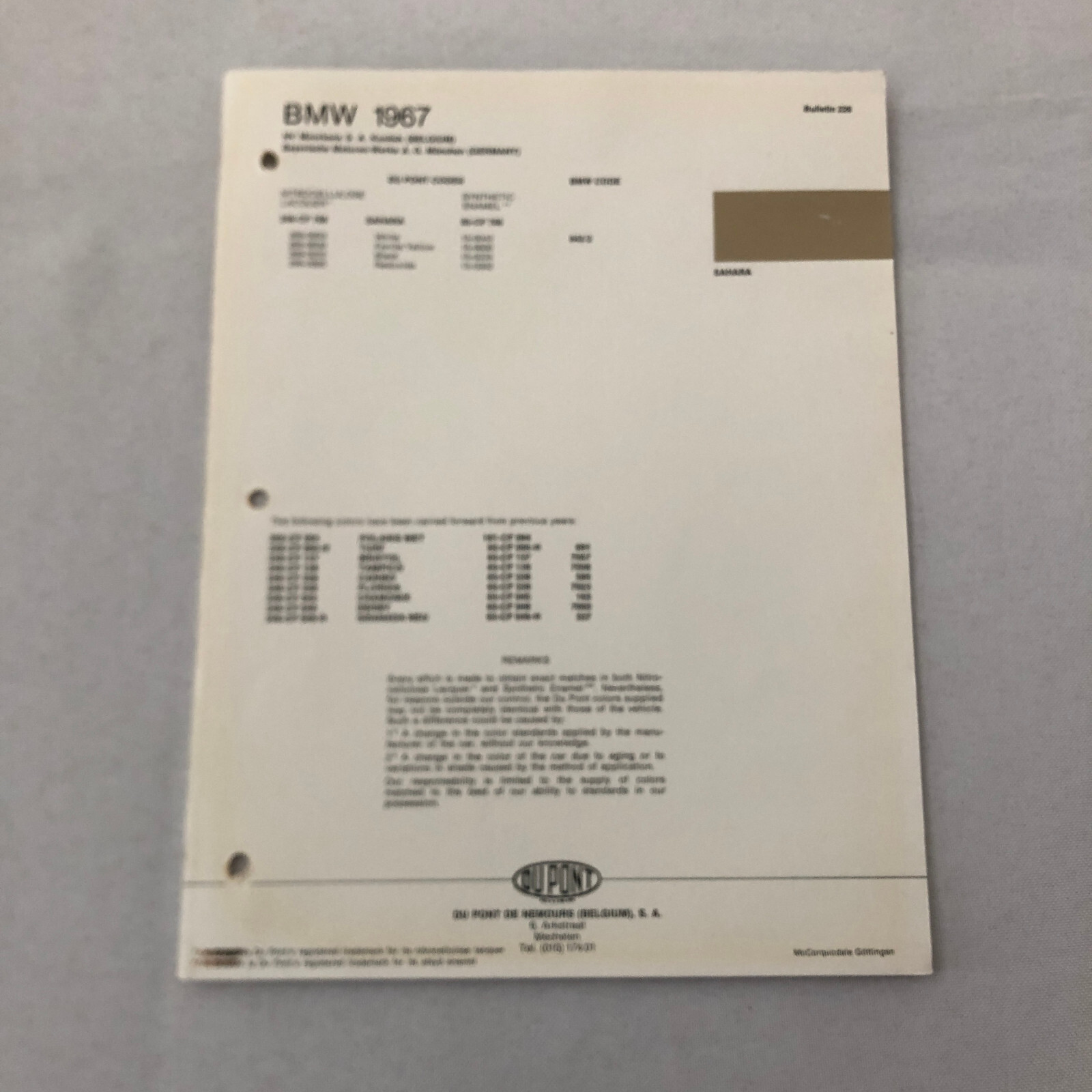 1967 BMW Car Dupont Paint Chip Color Sample Sheet SAHARA