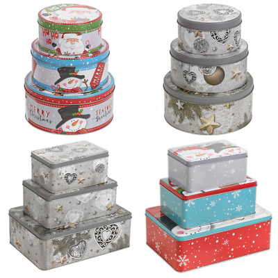 3pcs Christmas Cookie and Cake Xmas Biscuit Storage Nesting Tin Set Square/Round