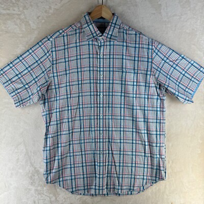 Bugatchi Uomo Classic Fit Men's Size XL White Checked Cotton S/S Casual Shirt