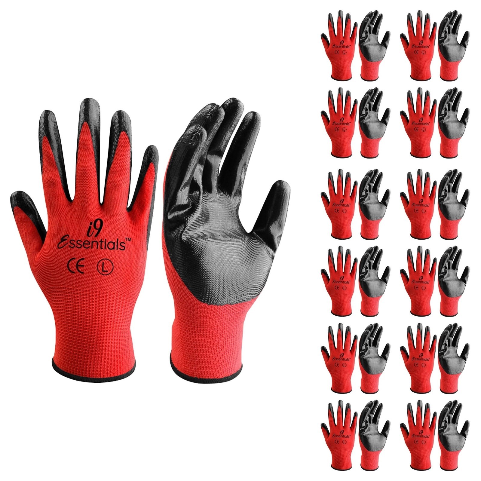 i9 Essentials Nitrile Coated Work Gloves Red Large Lightweight Washable Bulk