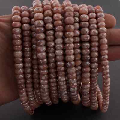 1 Strand Peach Moonstone Silver Coated Faceted Rondelles - Roundel Beads 7mm-8mm