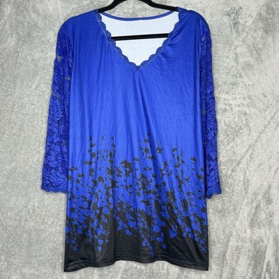 Amazon XXL 2X Shirt Top Blue Floral Flower Lace 3/4 Sleeve V neck Stretch Womens