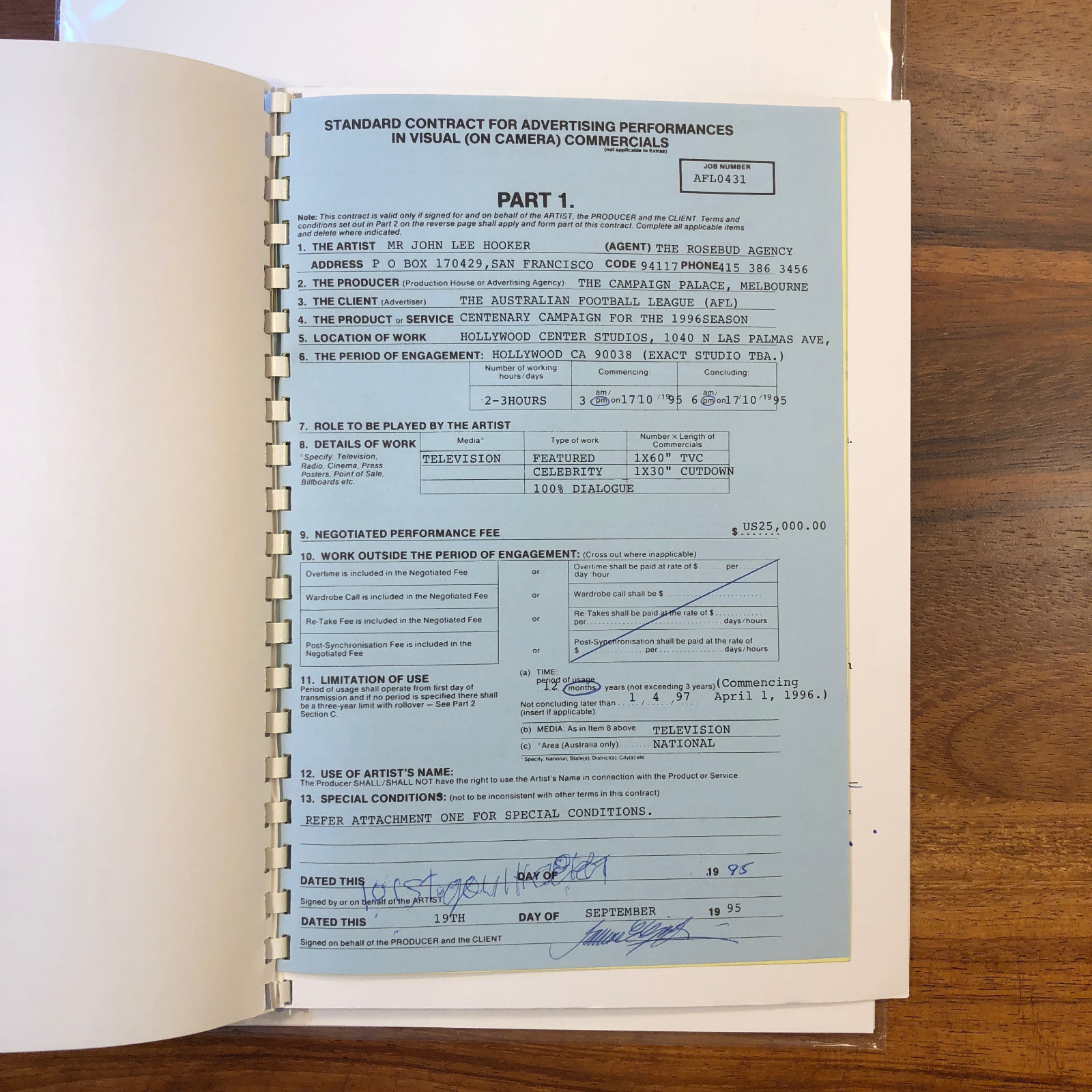 JOHN LEE HOOKER Signed Contract Australian Football League Autographed Twice COA