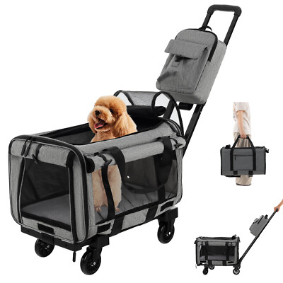 With Wheels Large Rolling Cat Dog Carrier W/telescopic Handle Grey