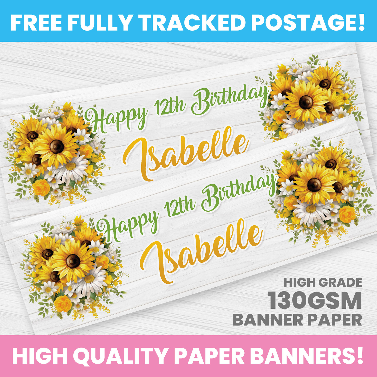 SUNFLOWERS PERSONALISED PRINCESSES BIRTHDAY BANNER PARTY DECORATION BANNERS