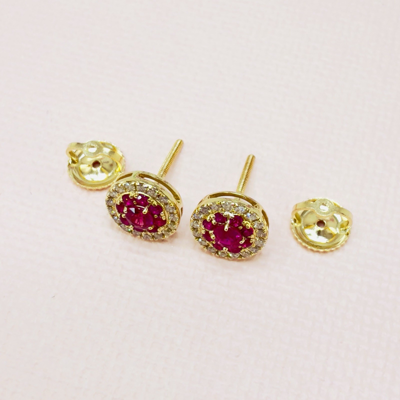 14k Yellow Gold Genuine Ruby & Diamond Halo Stud Screw-Back Earrings, New - Picture 2 of 10