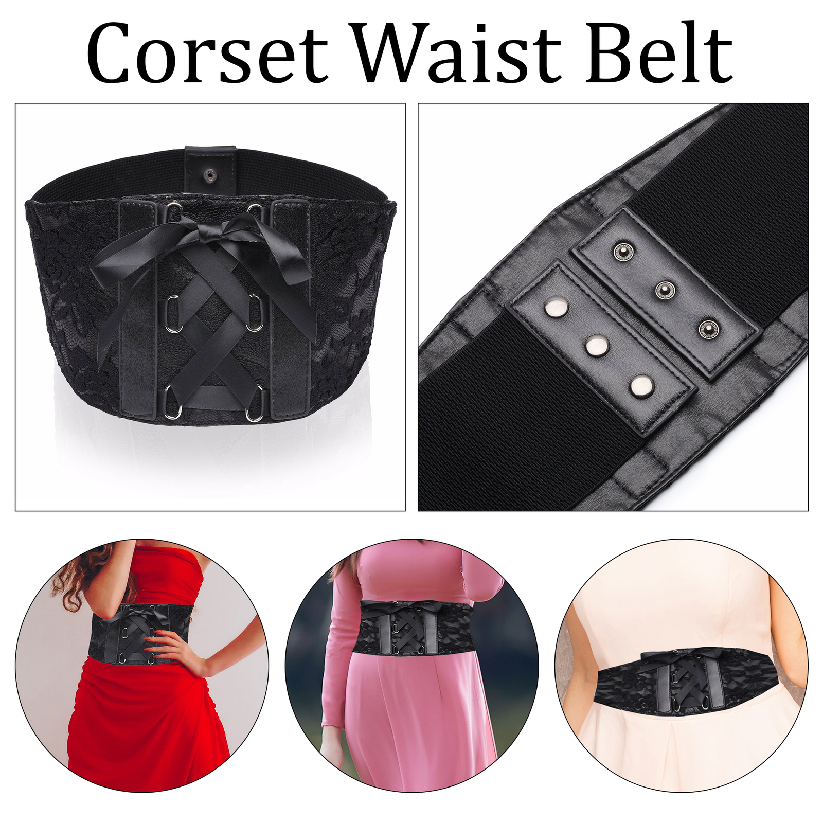 Ladies Leather Waist Belt Cincher Corset Wide Band Elastic Tied Black Lace