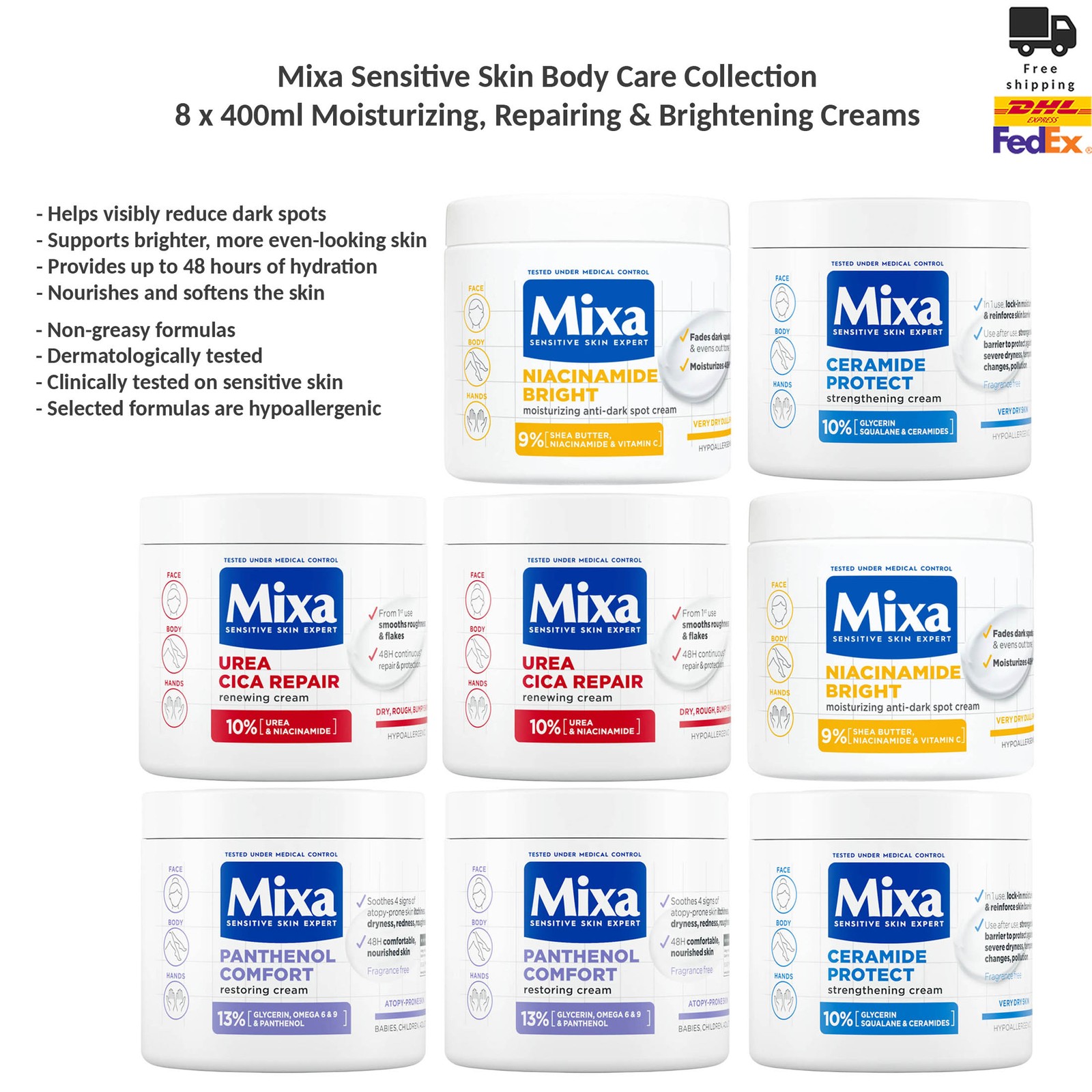 Mixa Sensitive Skin Body Care Collection Moisturizing, Brightening Creams x8