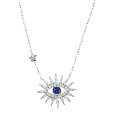 Finecraft Opal Evil Eye Necklace with Sapphire and CZ in Sterling Silver, 18''