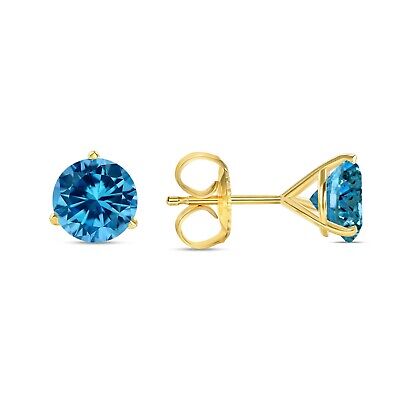 Pre-owned Shine Brite With A Diamond 4.50 Ct Round Cut Blue Earrings Studs Solid 14k Yellow Gold Push Back Martini