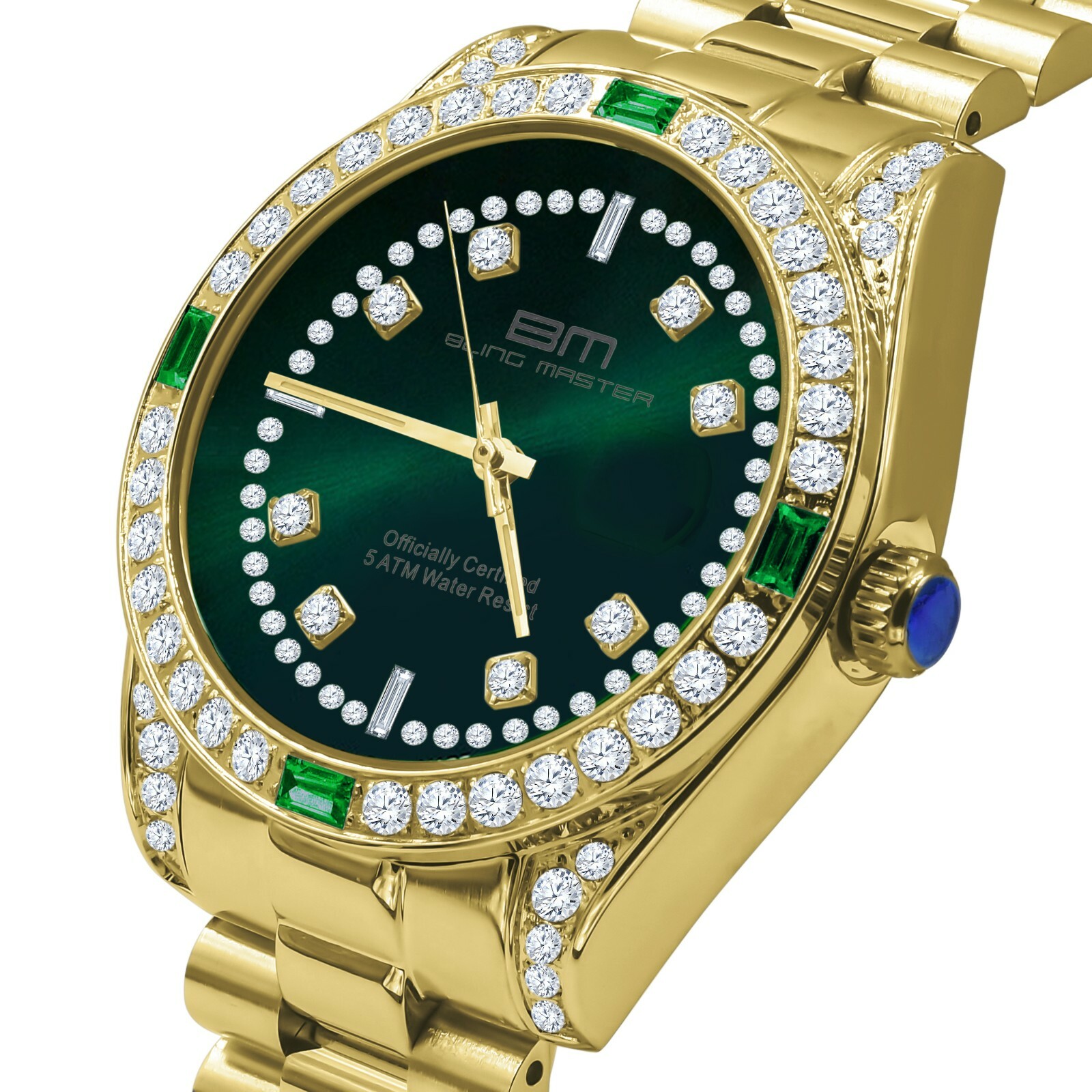 Pre-owned Bling Master Mens Solid Steel 18k Gold Tone Green Dial Simulated Diamond President Watch 40mm