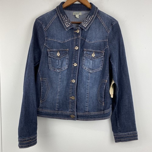 One World size XL Women's Blue Denim Studded Collar Button