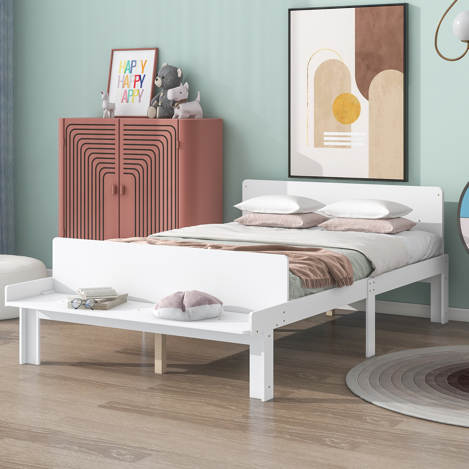 W/ Footboard Bench Wooden Slatted White
