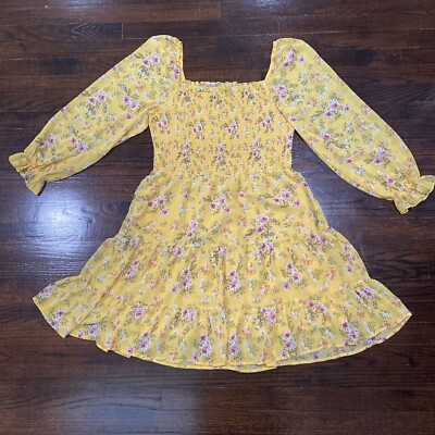 Pretty Garden Floral Tiered Square Neck Dress XL Smocked Sheer Balloon Sleeves
