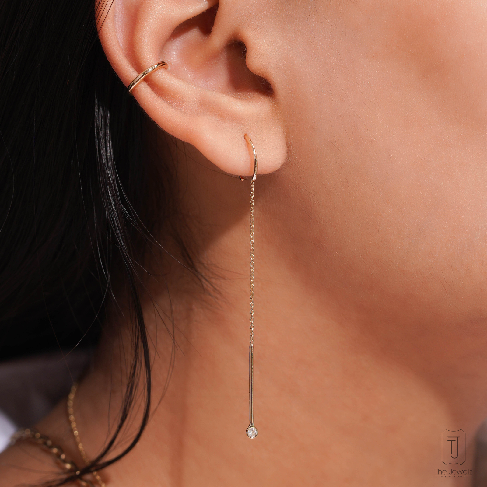 14k Gold VS/F-G Diamond Minimal Chain Threader Earring Handmade Jewelry
